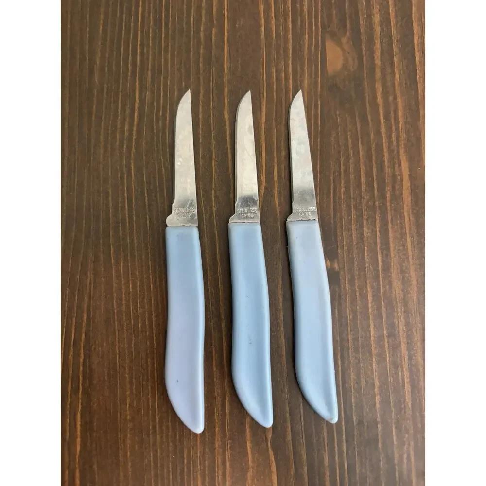 Lot of 3 Stainless Unbranded Kitchen Paring Knives Country Blue Handles